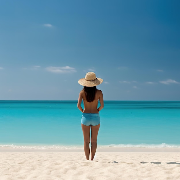 femme à la plage avec chapeau