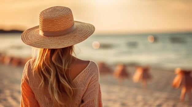femme à la plage avec chapeau