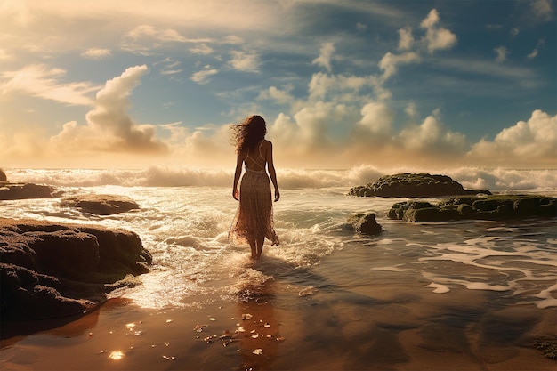 Photo femme sur la plage dans la soirée belle scène générée ai