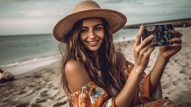 Une femme sur la plage tient un appareil photo