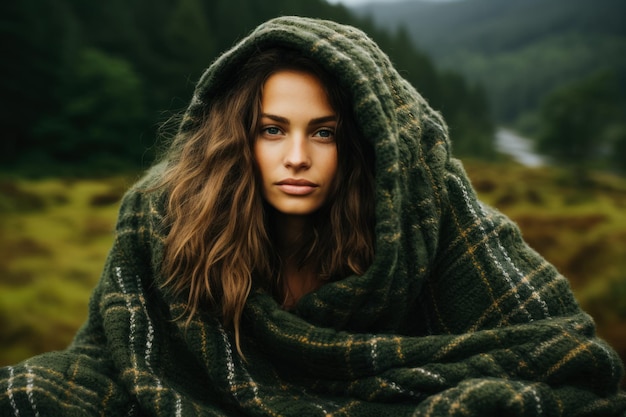 Femme en plaid douillet en forêt