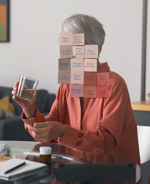 Femme de plan moyen posant avec des notes sur le visage