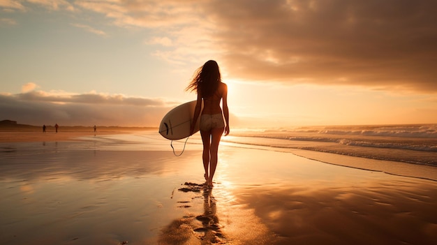 femme avec une planche de surfeur sur la plage IA générative