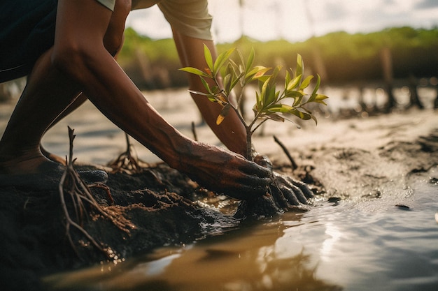 Une femme plantant un arbre dans l'eau