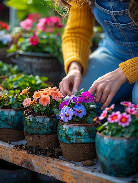 Une femme plantant des fleurs dans un pot