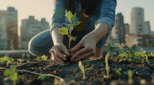 une femme plante un arbre dans le jardin