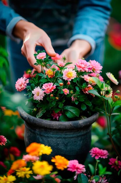 femme plante des fleurs dans le jardin focus sélectif