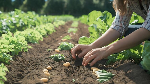 Une femme plante des légumes.