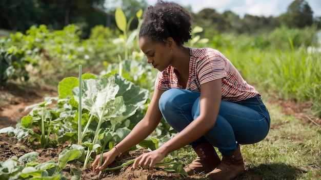 Une femme plante des légumes.