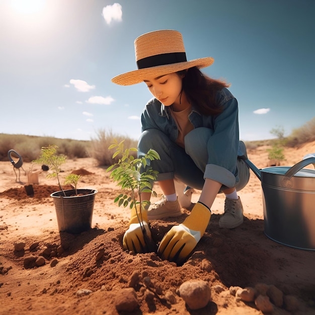 une femme plante une plante dans le désert