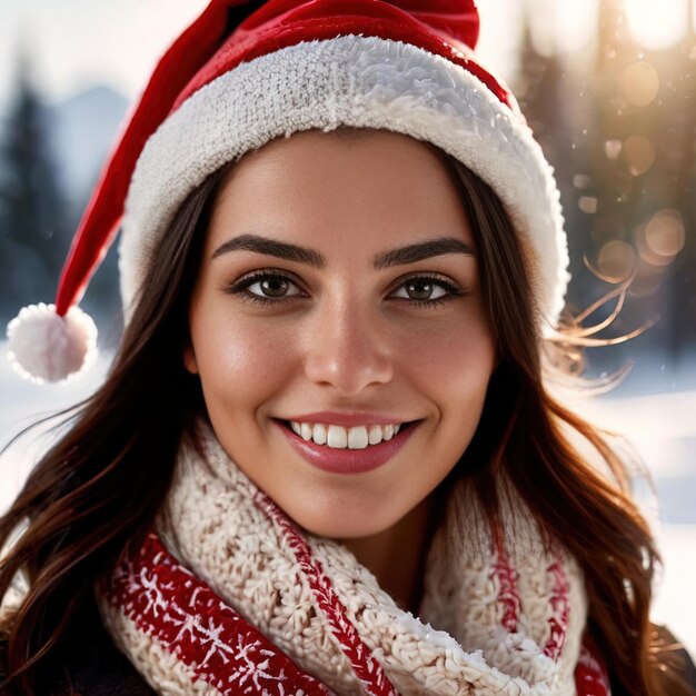 femme en plein air enneigée portant un foulard et un chapeau de Père Noël souriant