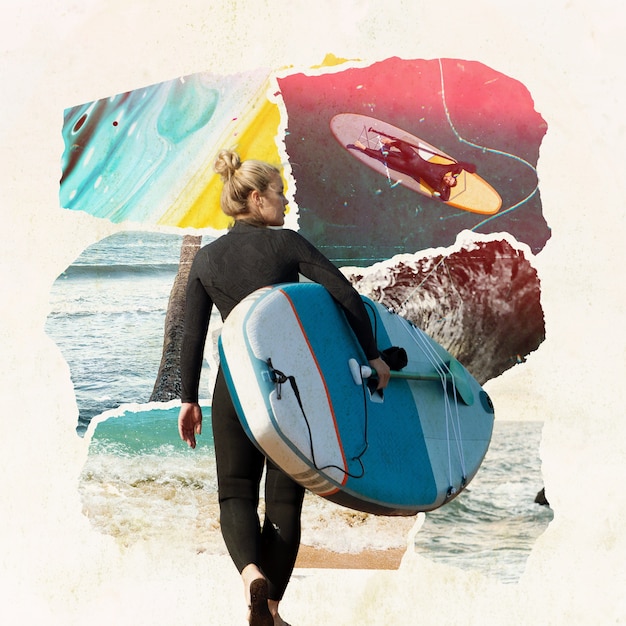 Photo femme plein coup avec planche de surf