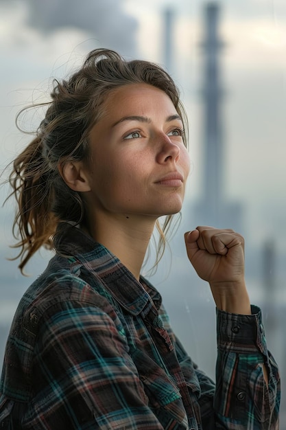 Femme pleine d'espoir avec le poing serré paysage industriel