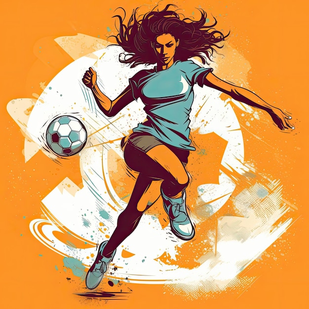 Une femme en pleine forme qui donne un coup de pied au football. Art vectoriel plat généré par l'IA.