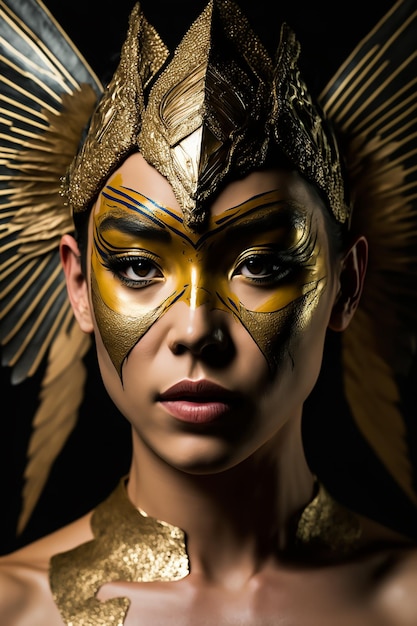 Une femme avec une plume d'or sur son visage