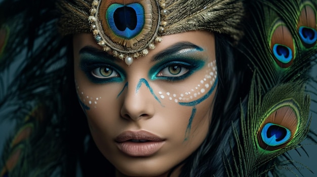 Photo une femme avec une plume de paon sur le visage