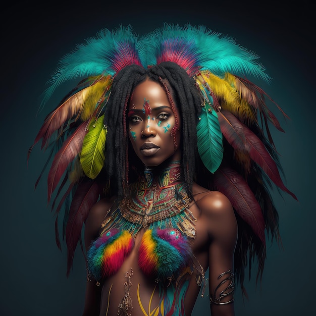 Une femme avec des plumes sur la tête et une coiffe colorée.