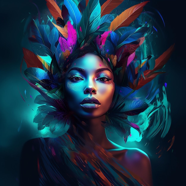 Une femme avec des plumes sur la tête et une coiffe colorée