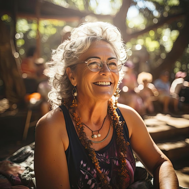 Femme plus âgée assise à un festival avec des lunettes