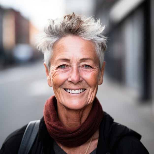 une femme plus âgée aux cheveux courts souriant dans la rue