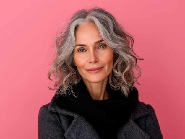 Une femme plus âgée aux cheveux gris posant sur un fond rose