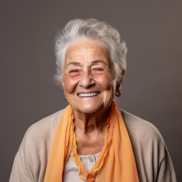 une femme plus âgée avec des cheveux blancs et une écharpe orange