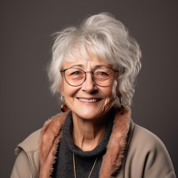 une femme plus âgée avec des cheveux blancs et des lunettes souriant