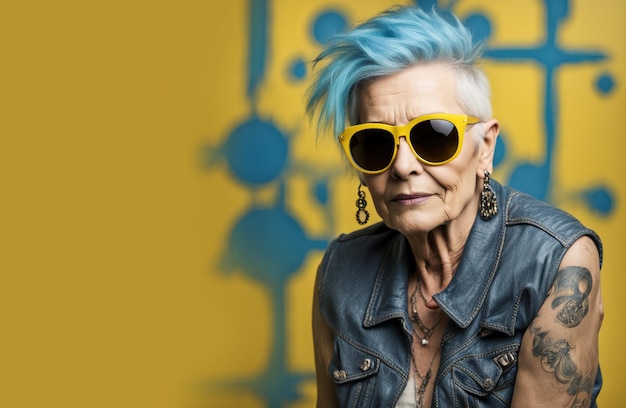 Photo femme plus âgée avec une coiffure et une veste punk peintes en bleu, forte personnalité et expression unique