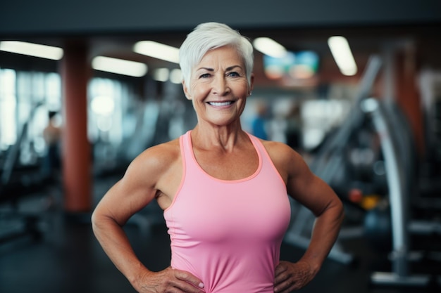 Une femme plus âgée en forme posant pour une photo dans le gymnase