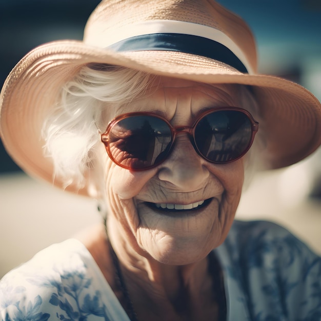 Une femme plus âgée portant un chapeau et des lunettes de soleil.