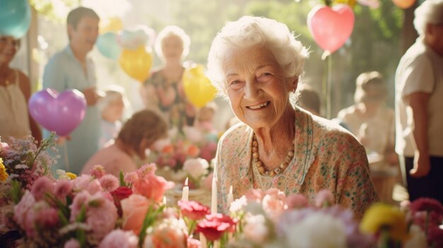 Une femme plus âgée sourit alors qu'elle est entourée de ballons ai