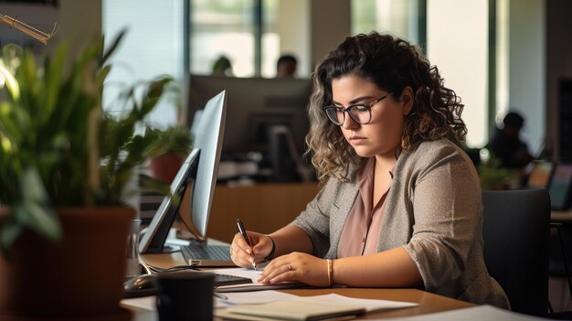 Une femme plus grande avec des lunettes au bureau