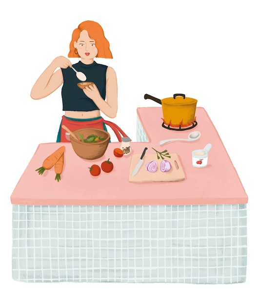 Femme png cuisinant dans la cuisine autocollant fond transparent
