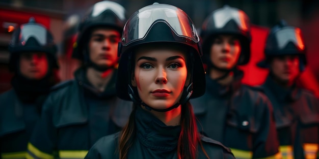 Une femme pompier en casque se tient en confiance devant son équipe prête à l'action Concept Pompier Travail d'équipe Confiance Préparation Action