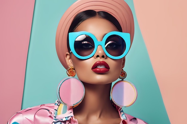 Femme pop art de mode avec des lunettes de soleil et une image générative AI de fond de couleur pastel