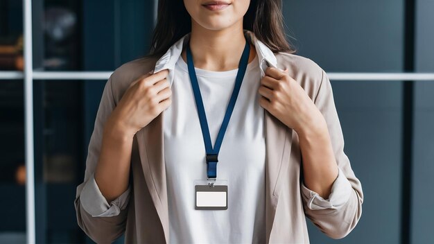 Photo femme portant un badge d'identité vertical vide, une maquette d'un stand isolé, une étiquette de nom sur le cou et la poitrine, l'identité de la personne