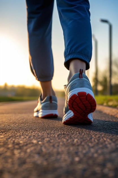 une femme portant des baskets marche sur un chemin avec le soleil derrière elle.