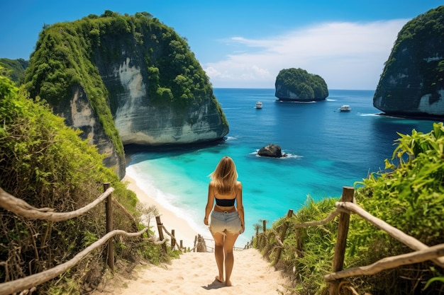 Une femme portant un bikini marche sur un chemin vers la plage Une femme profitant de la vue sur la plage ou l'océan