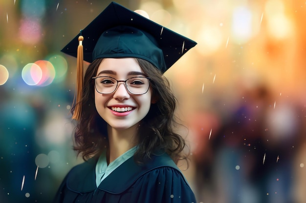 Une femme portant un bonnet de graduation et des lunettes sourit à la caméra.