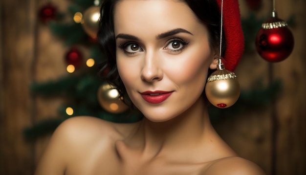 Femme portant un bonnet de noel et une boule de noël sur la tête