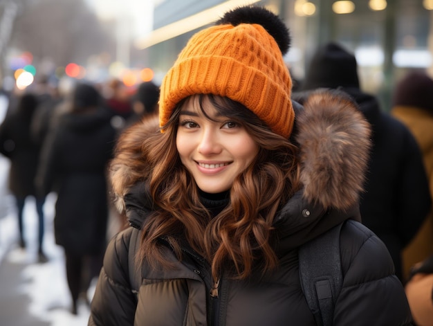 une femme portant un bonnet orange