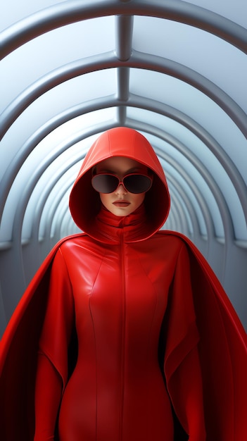 une femme portant une cape rouge et des lunettes de soleil