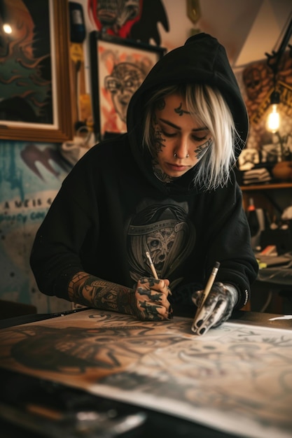 Photo une femme portant un capuchon travaille sur un tatouage cette image peut être utilisée pour présenter le processus de tatouage ou pour promouvoir les services de tatouage