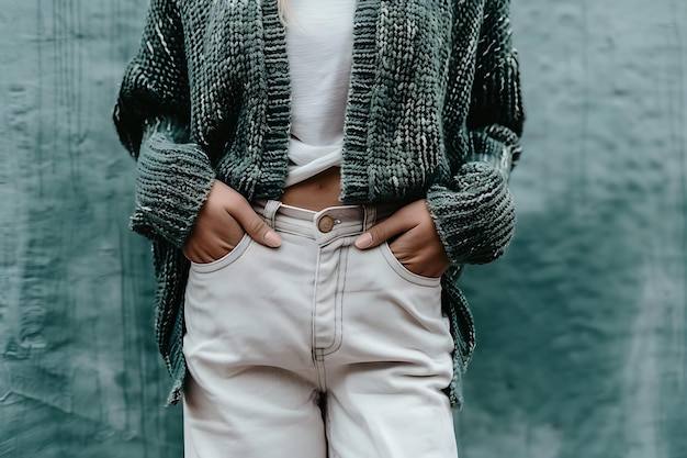 Une femme portant un cardigan vert et un pantalon blanc