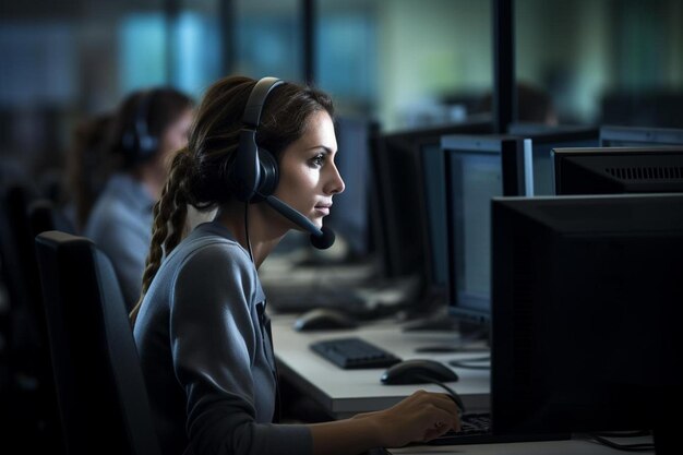 une femme portant un casque assise devant un ordinateur