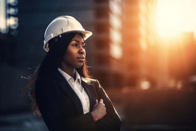 Une femme portant un casque blanc se tient devant un bâtiment