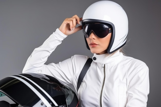 Une femme portant un casque blanc et une veste blanche tient son casque.