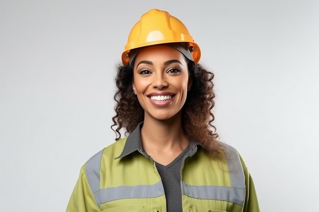 Une femme portant un casque avec un casque jaune.