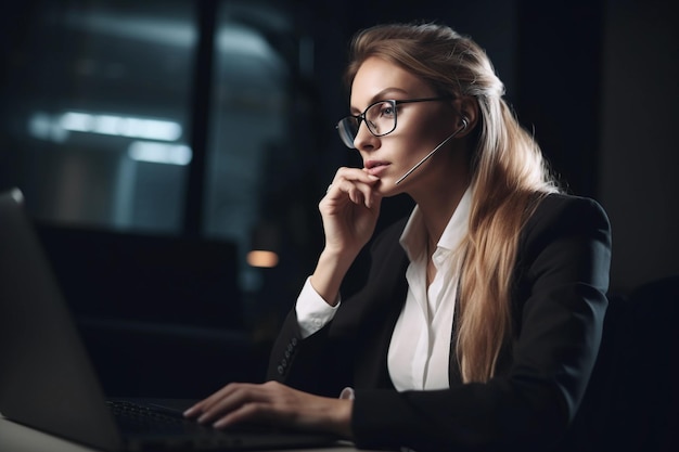 Une femme portant un casque est assise dans un bureau sombre, elle porte un casque et regarde un écran d'ordinateur.