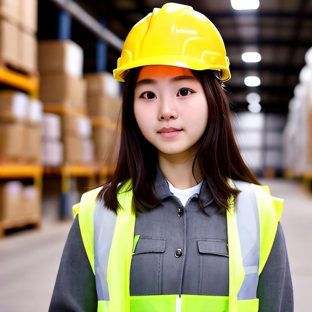 Une femme portant un casque jaune et un gilet gris.